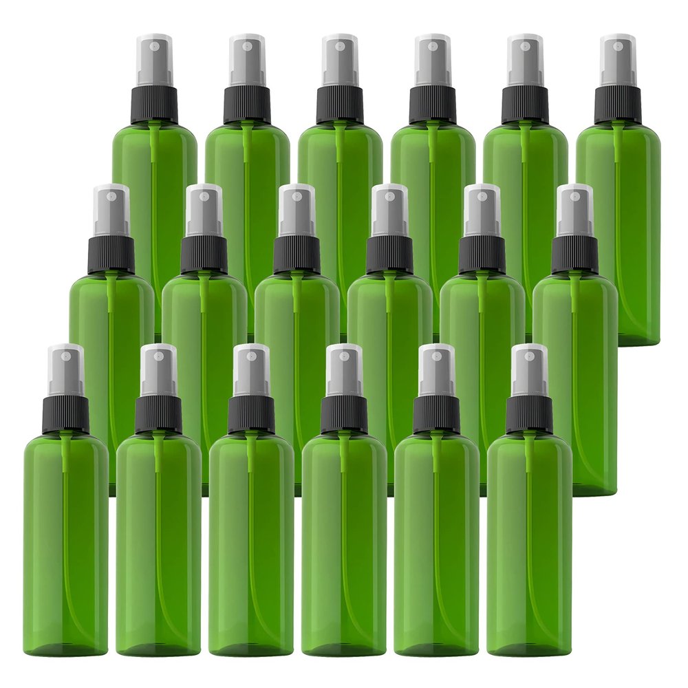 DLIBUY 24 Pcs Empty 100ml 3.3oz Green Plastic PET Fine Mist Pump Spray Bottles with Black Sprayer for Cosmetic Perfume Water-Based Products Refillable Travel Portable Containers, 2x Funnels