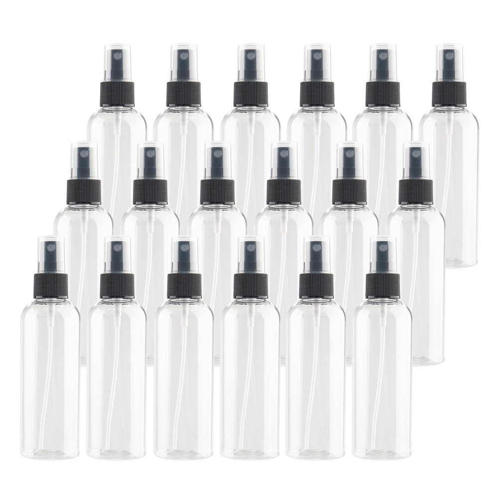 DLIBUY 24 Pcs Empty 100ml 3.3oz Clear Plastic PET Fine Mist Pump Spray Bottles with Black Sprayer for Cosmetic Perfume Water-Based Products Refillable Travel Portable Containers, 2x Funnels