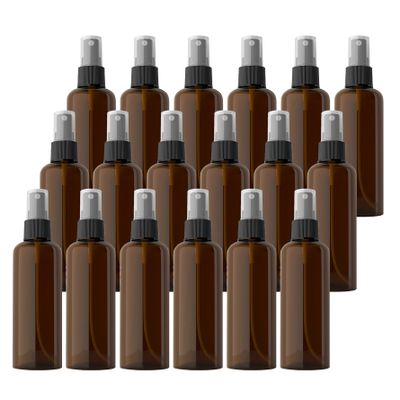 DLIBUY 24 Pcs Empty 100ml 3.3oz Brown Plastic PET Fine Mist Pump Spray Bottles with Black Sprayer for Cosmetic Perfume Water-Based Products Refillable Travel Portable Containers, 2x Funnels