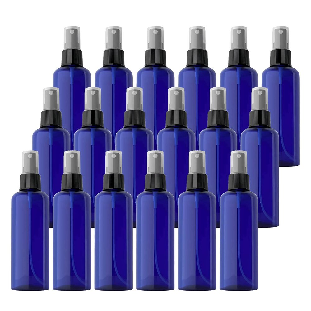 DLIBUY 24 Pcs Empty 100ml 3.3oz Blue Plastic PET Fine Mist Pump Spray Bottles with Black Sprayer for Cosmetic Perfume Water-Based Products Refillable Travel Portable Containers, 2x Funnels