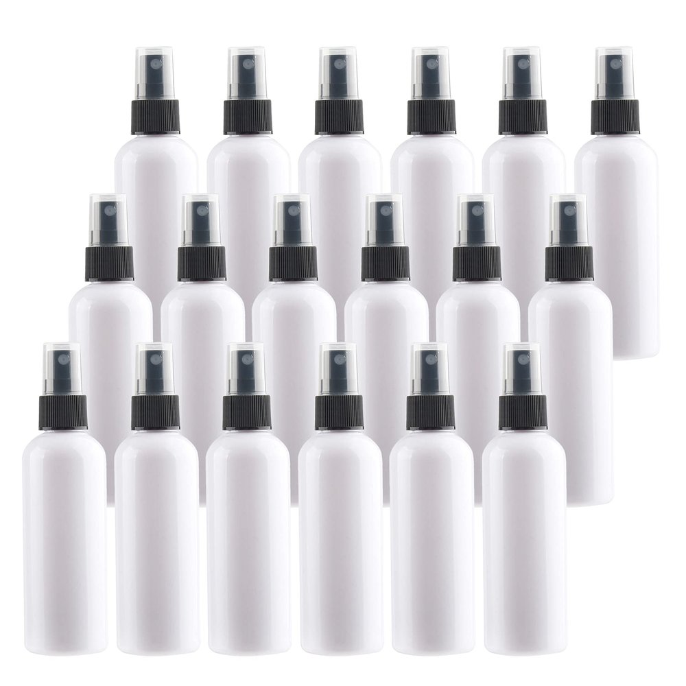 DLIBUY 24 Pcs Empty 100ml 3.3oz White Plastic PET Fine Mist Pump Spray Bottles with Black Sprayer for Cosmetic Perfume Water-Based Products Refillable Travel Portable Containers, 2x Funnels