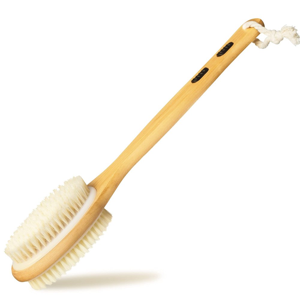 Double Sides Shower Brush with Long Wooden Handle Bath Brush Natural Boar Bristles Brush for Bath 1 PC