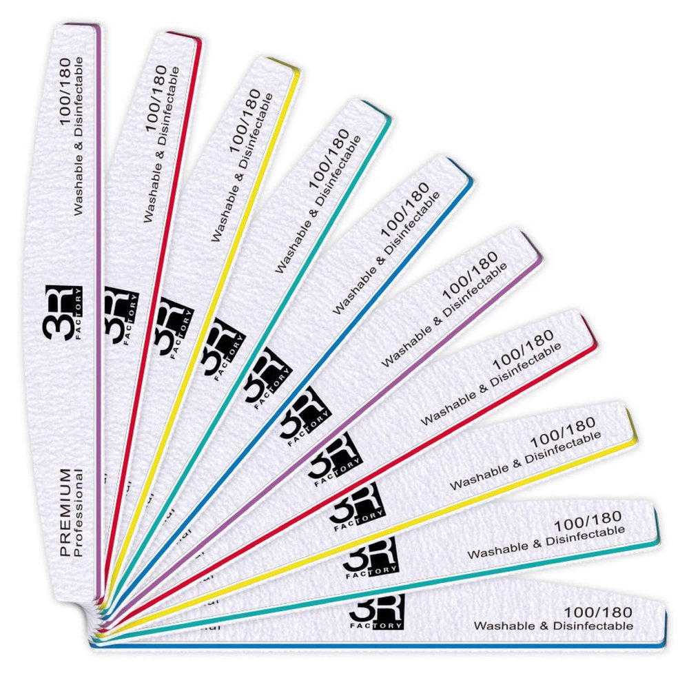 180 Grit Nail File - 3R Factory Emery Boards for Nails, Double Sided Nail Files for Natural Nails, Limas 100/180 Board Nail Files for Acrylic Nails (10pcs Pack)