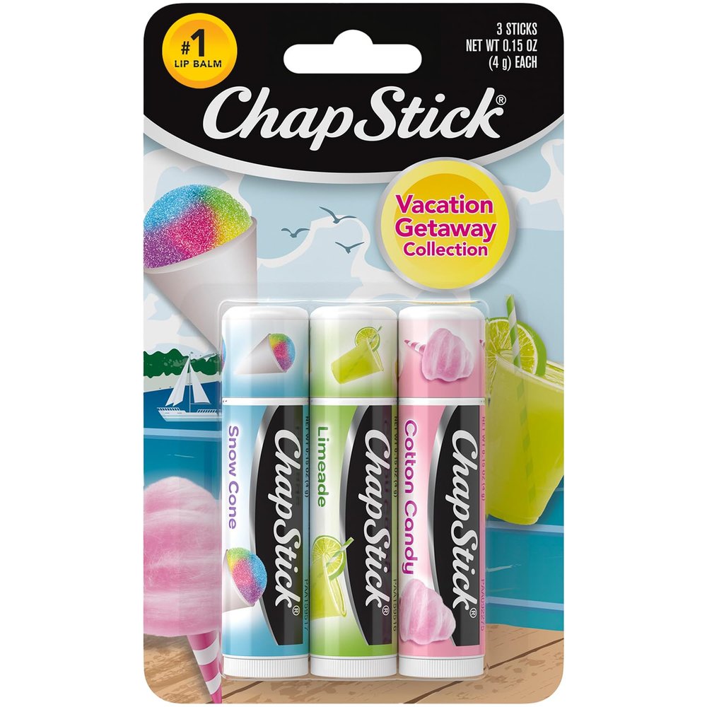 ChapStick Lip Care Set, Vacation Getaway Collection 3-Pack Snow Cone, Limeade, Cotton Candy Lip Balm, 0.15 Oz Ea