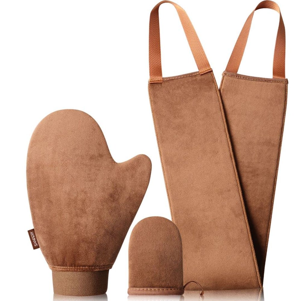 3-Pack Self Tanning Mitt Set Include Self Tanner Back Applicator with Velvet Soft Texture and Elastic Cuff Design - Perfect for Back, Legs & Full Body Application, Streak-Free Sunless Tanning at Home