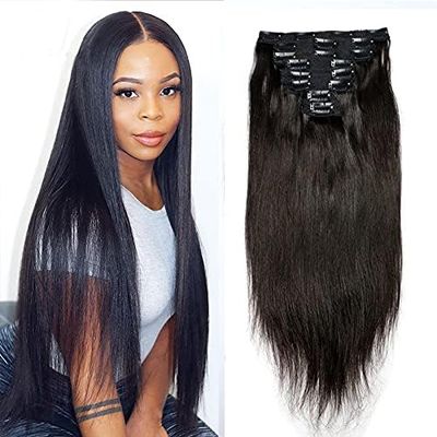 Silky Straight Clip in Human Hair Extension Brazilian Remy Clips on Hair Natural Black Straight Full Head Clip Hair For Black Woemn 100-150g (22inch 150grams, #Natural Black)