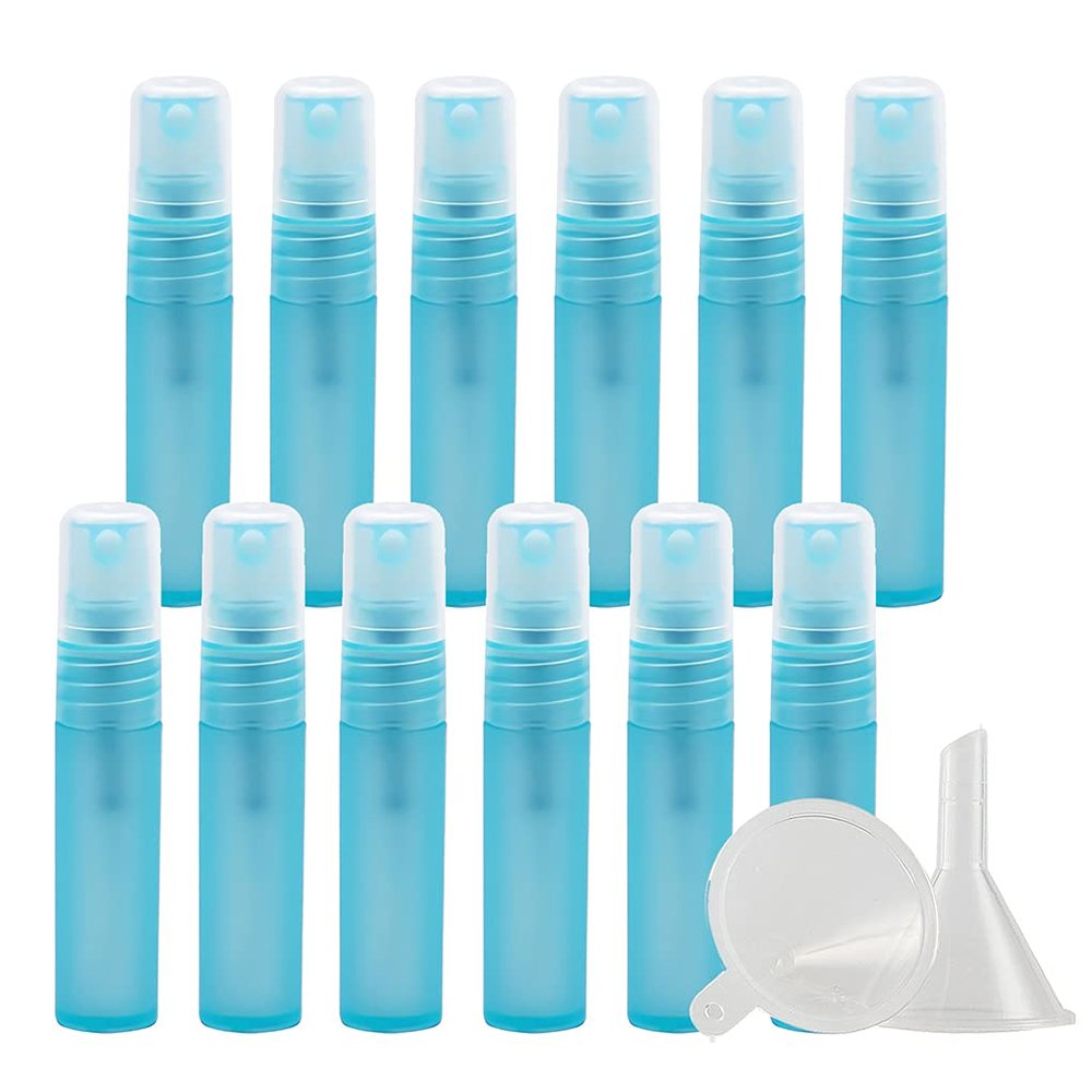 DLIBUY 50 Pieces, Empty Plastic Frosted Blue 3ml Pump Sprayer Bottles, Refillable Mini Portable Pocket Mist Spray Bottle Perfume for Liquid Cosmetic 5x Funnels
