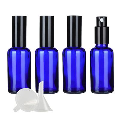 DLIBUY 4 Pcs Empty 50ml Blue Glass Fine Mist Pump Spray Bottles with Black Alu Pump Head, Travel Portable Small Refillable Sprayer Bottles for Cosmetic Perfume Water, with 1x Funnel