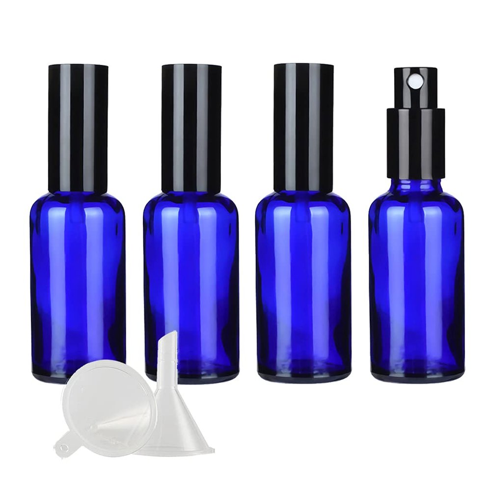 DLIBUY 4 Pcs Empty 50ml Blue Glass Fine Mist Pump Spray Bottles with Black Alu Pump Head, Travel Portable Small Refillable Sprayer Bottles for Cosmetic Perfume Water, with 1x Funnel