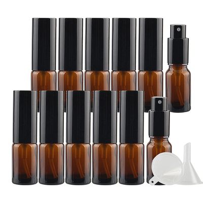 DLIBUY 12 Pcs Empty 10ml Brown Glass Fine Mist Pump Spray Bottles with Black Alu Pump Head, Amber Travel Portable Small Refillable Sprayer Bottles for Cosmetic Perfume Water, with 3x Funnel