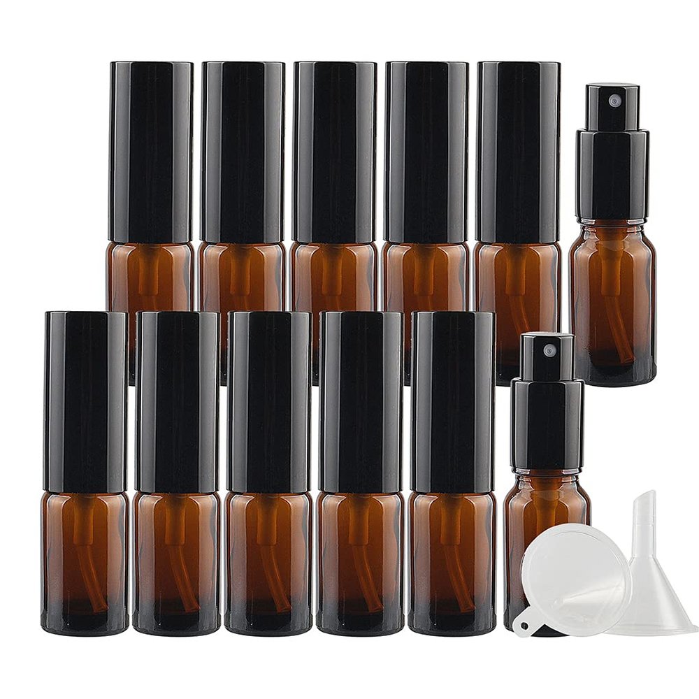 DLIBUY 12 Pcs Empty 10ml Brown Glass Fine Mist Pump Spray Bottles with Black Alu Pump Head, Amber Travel Portable Small Refillable Sprayer Bottles for Cosmetic Perfume Water, with 3x Funnel