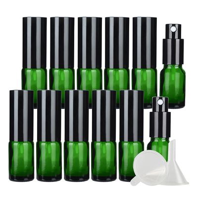 DLIBUY 12 Pcs Empty 10ml Green Glass Fine Mist Pump Spray Bottles with Black Alu Pump Head, Travel Portable Small Refillable Sprayer Bottles for Cosmetic Perfume Water, with 3x Funnel