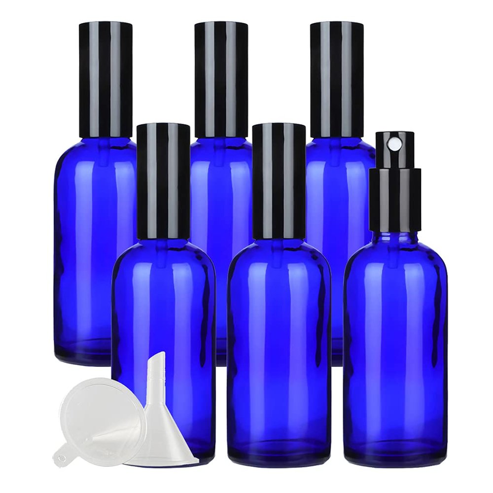 DLIBUY 6 Pcs Empty 100ml Blue Glass Fine Mist Pump Spray Bottles with Black Alu Pump Head, Travel Portable Small Refillable Sprayer Bottles for Cosmetic Perfume Water, with 2x Funnel