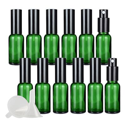 DLIBUY 12 Pcs Empty 30ml Green Glass Fine Mist Pump Spray Bottles with Black Alu Pump Head, Travel Portable Small Refillable Sprayer Bottles for Cosmetic Perfume Water, with 3x Funnel