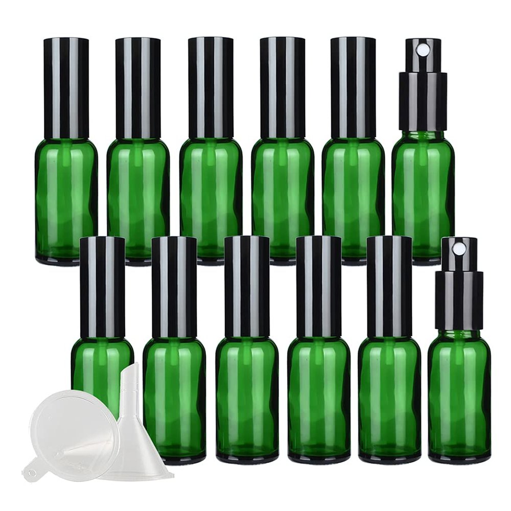 DLIBUY 12 Pcs Empty 30ml Green Glass Fine Mist Pump Spray Bottles with Black Alu Pump Head, Travel Portable Small Refillable Sprayer Bottles for Cosmetic Perfume Water, with 3x Funnel