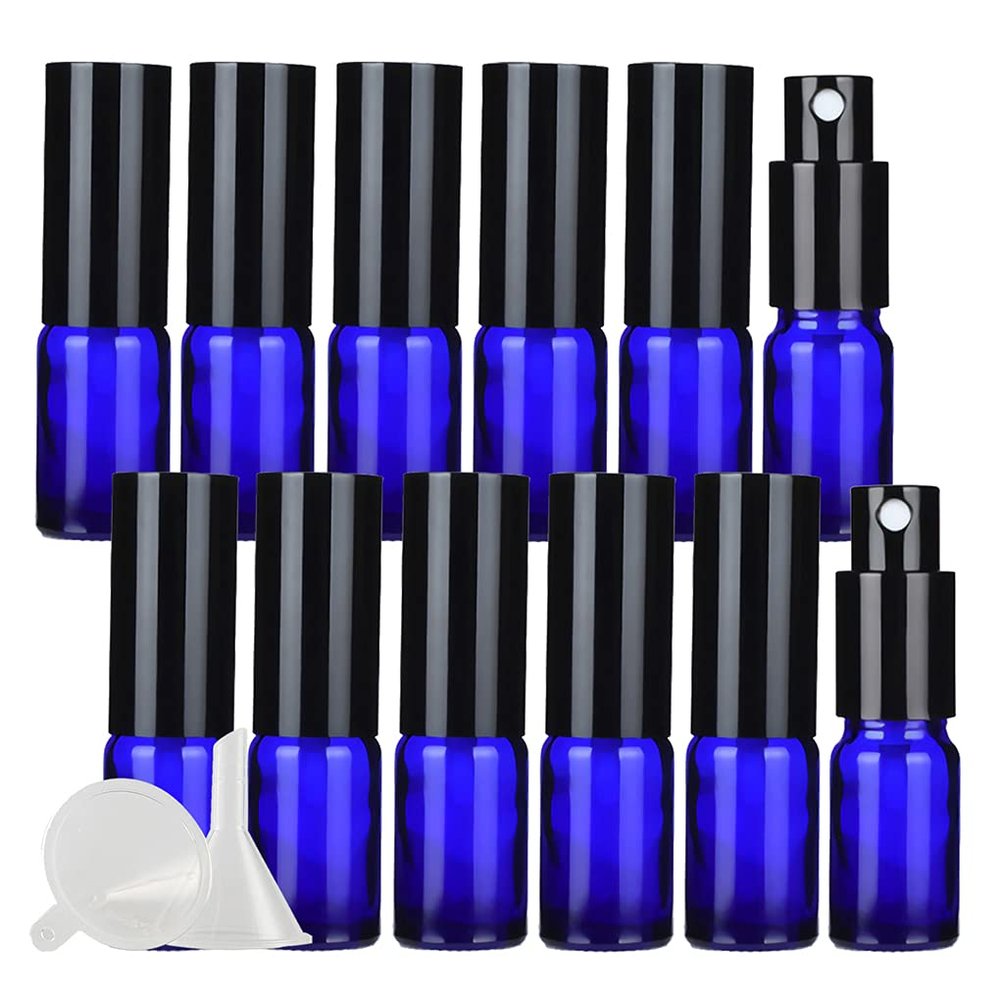 DLIBUY 12 Pcs Empty 10ml Blue Glass Fine Mist Pump Spray Bottles with Black Alu Pump Head, Travel Portable Small Refillable Sprayer Bottles for Cosmetic Perfume Water, with 3x Funnel