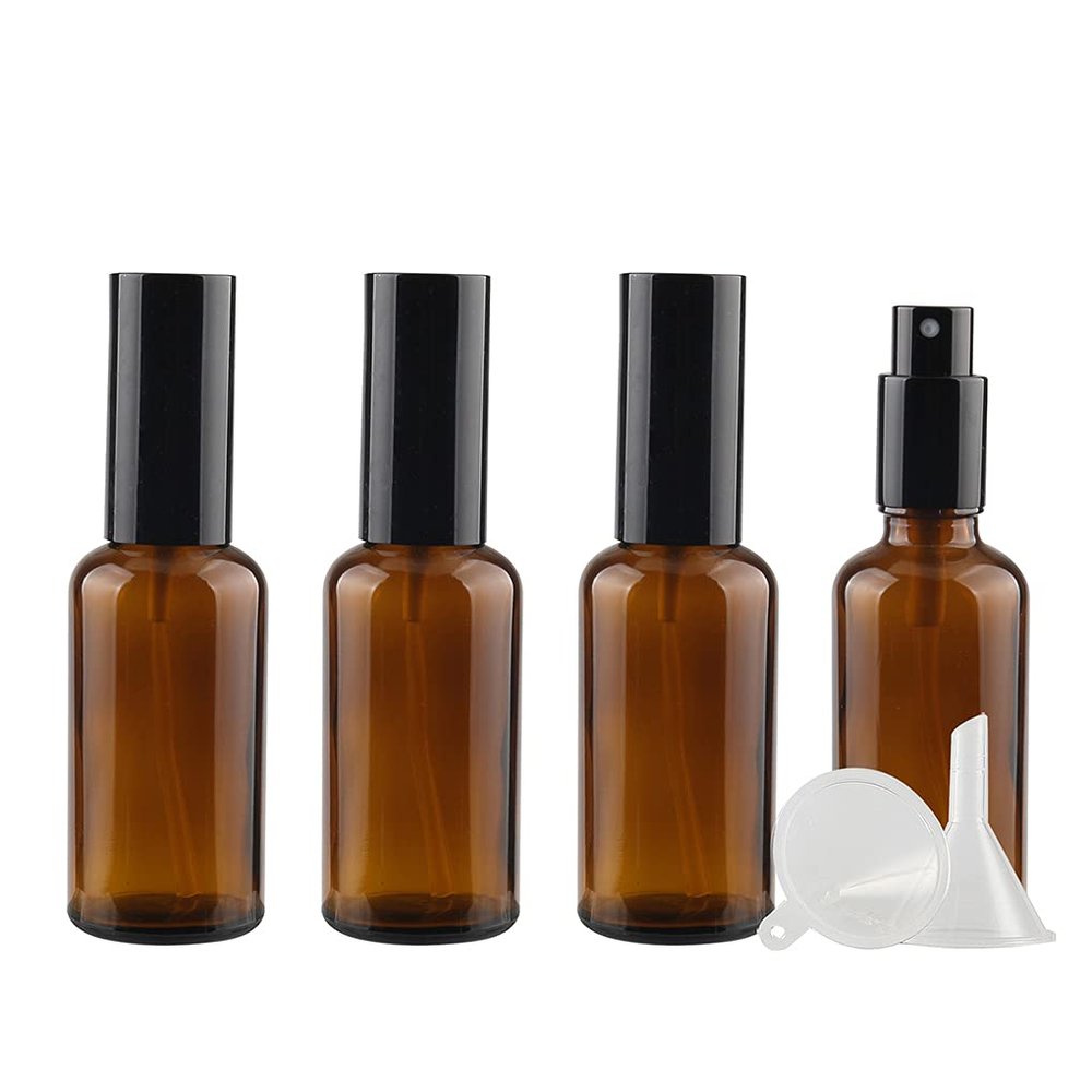 DLIBUY 4 Pcs Empty 50ml Brown Glass Fine Mist Pump Spray Bottles with Black Alu Pump Head, Amber Travel Portable Small Refillable Sprayer Bottles for Cosmetic Perfume Water, with 1x Funnel