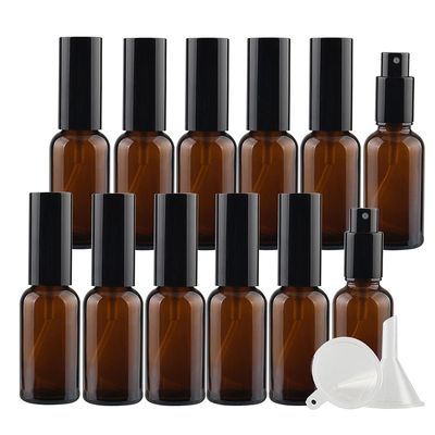 DLIBUY 12 Pcs Empty 30ml Brown Glass Fine Mist Pump Spray Bottles with Black Alu Pump Head, Amber Travel Portable Small Refillable Sprayer Bottles for Cosmetic Perfume Water, with 3x Funnel