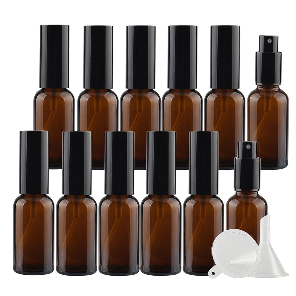 DLIBUY 12 Pcs Empty 30ml Brown Glass Fine Mist Pump Spray Bottles with Black Alu Pump Head, Amber Travel Portable Small Refillable Sprayer Bottles for Cosmetic Perfume Water, with 3x Funnel