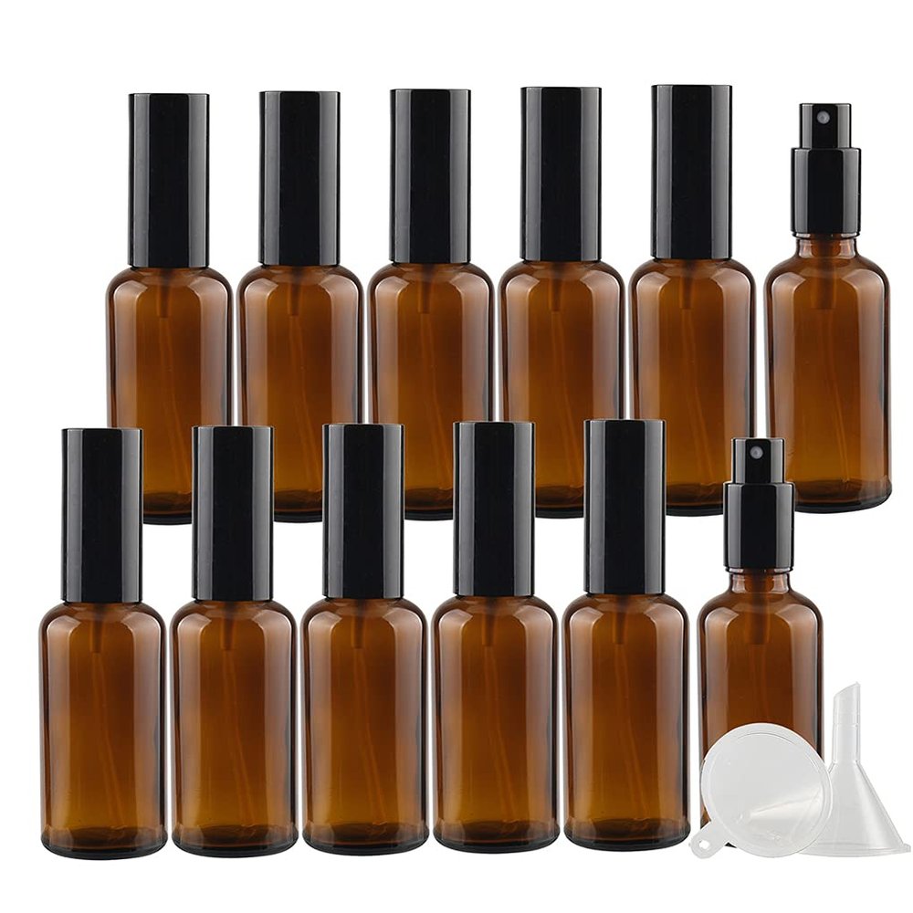DLIBUY 12 Pcs Empty 50ml Brown Glass Fine Mist Pump Spray Bottles with Black Alu Pump Head, Amber Travel Portable Small Refillable Sprayer Bottles for Cosmetic Perfume Water, with 3x Funnel