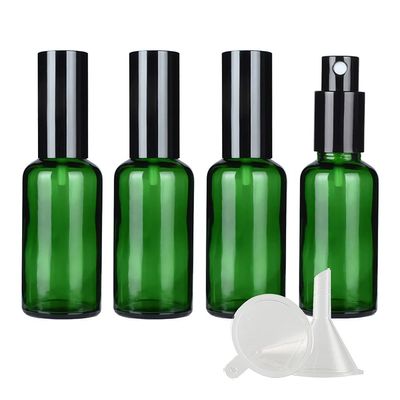 DLIBUY 4 Pcs Empty 50ml Green Glass Fine Mist Pump Spray Bottles with Black Alu Pump Head, Travel Portable Small Refillable Sprayer Bottles for Cosmetic Perfume Water, with 1x Funnel