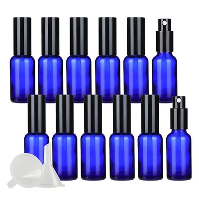 DLIBUY 12 Pcs Empty 30ml Blue Glass Fine Mist Pump Spray Bottles with Black Alu Pump Head, Travel Portable Small Refillable Sprayer Bottles for Cosmetic Perfume Water, with 3x Funnel