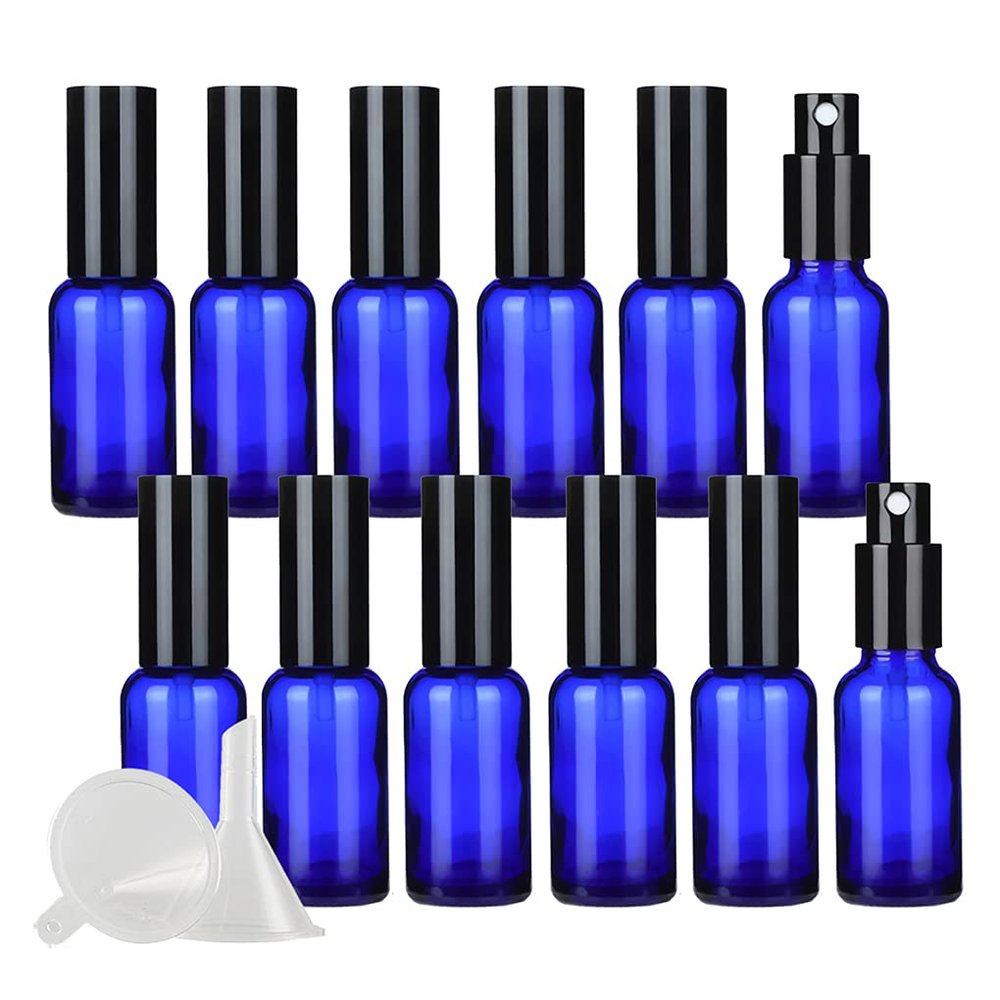 DLIBUY 12 Pcs Empty 30ml Blue Glass Fine Mist Pump Spray Bottles with Black Alu Pump Head, Travel Portable Small Refillable Sprayer Bottles for Cosmetic Perfume Water, with 3x Funnel