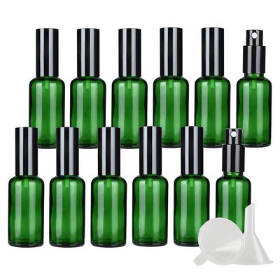 DLIBUY 12 Pcs Empty 50ml Green Glass Fine Mist Pump Spray Bottles with Black Alu Pump Head, Travel Portable Small Refillable Sprayer Bottles for Cosmetic Perfume Water, with 3x Funnel
