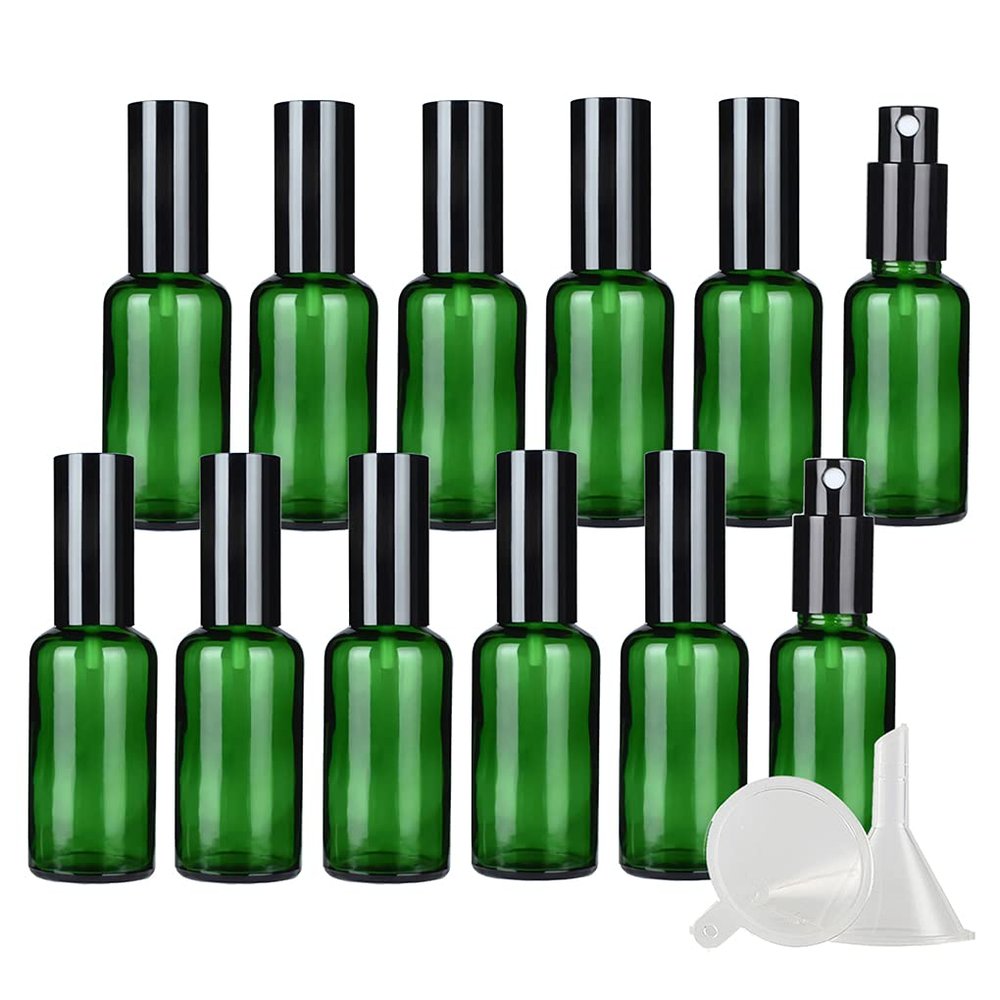 DLIBUY 12 Pcs Empty 50ml Green Glass Fine Mist Pump Spray Bottles with Black Alu Pump Head, Travel Portable Small Refillable Sprayer Bottles for Cosmetic Perfume Water, with 3x Funnel