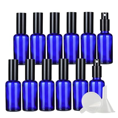 DLIBUY 12 Pcs Empty 50ml Blue Glass Fine Mist Pump Spray Bottles with Black Alu Pump Head, Travel Portable Small Refillable Sprayer Bottles for Cosmetic Perfume Water, with 3x Funnel