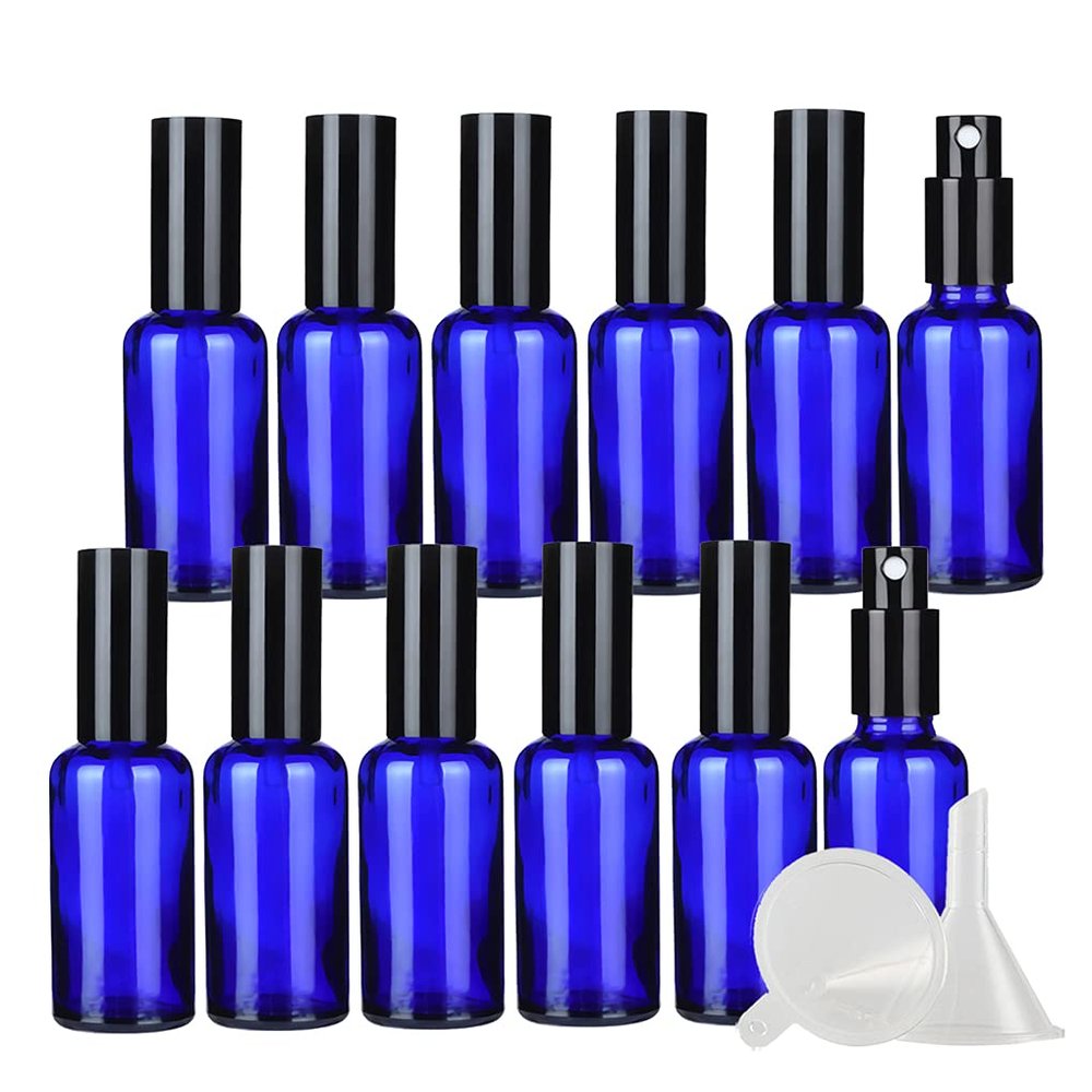 DLIBUY 12 Pcs Empty 50ml Blue Glass Fine Mist Pump Spray Bottles with Black Alu Pump Head, Travel Portable Small Refillable Sprayer Bottles for Cosmetic Perfume Water, with 3x Funnel