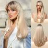 Honygebia Long Blonde Wig with Bangs - Ombre Dark Root Blonde Wigs for White Women, Striaght Wavy Synthetic Heat Resistant Hair, Natural Cute Wigs for Halloween/Christmas/Cosplay/Party view 1
