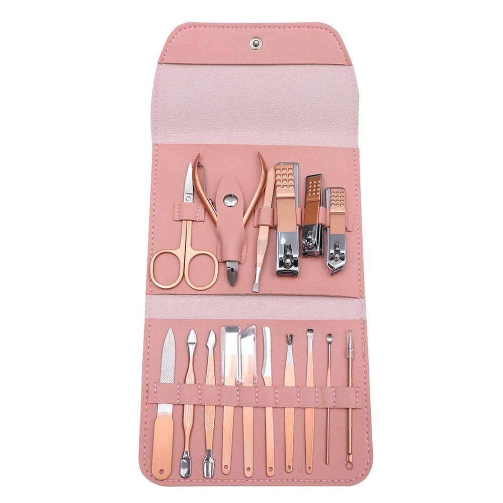 Beaupretty 16pcs Rose Gold Manicure Set Nail Trimmers Ergonomic Fingernail Clippers Nail Files Grooming Tools for Home Travel Use