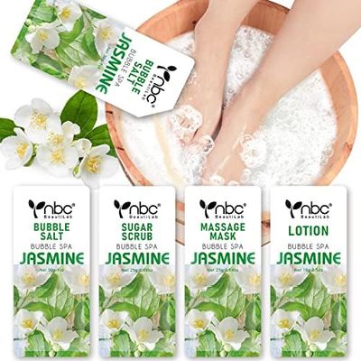 nbc BeautiLab Pedicure Kit Foot Soak Set: Bubble Salt, Sugar Scrub, Massage Mask, Massage Lotion in a Box, 4 Step Foot Spa Kit for Dry Feet, Calluses and Tired Feet (1 Set Jasmine)