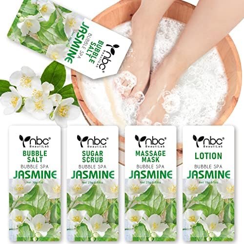 nbc BeautiLab Pedicure Kit Foot Soak Set: Bubble Salt, Sugar Scrub, Massage Mask, Massage Lotion in a Box, 4 Step Foot Spa Kit for Dry Feet, Calluses and Tired Feet (1 Set Jasmine)