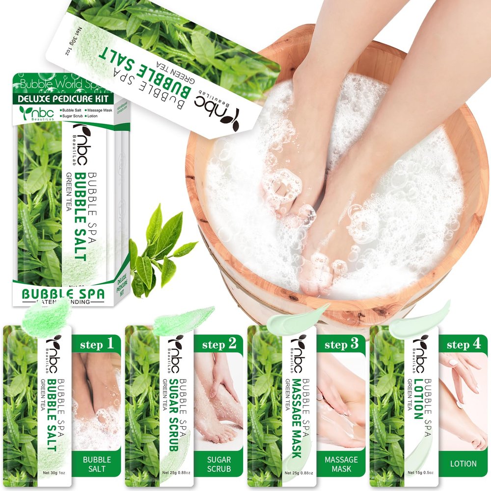 nbc BeautiLab Pedicure Kit Foot Soak Set: Bubble Salt, Sugar Scrub, Massage Mask, Massage Lotion in a Box, 4 Step Foot Spa Kit for Dry Feet, Calluses and Tired Feet (1 Set Green Tea)