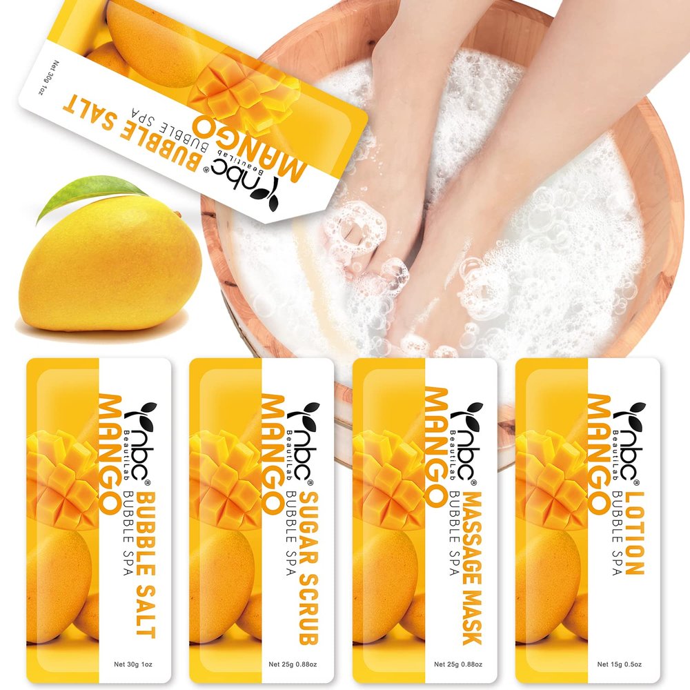 nbc BeautiLab Pedicure Kit Foot Soak Set: Bubble Salt, Sugar Scrub, Massage Mask, Massage Lotion in a Box, 4 Step Foot Spa Kit for Dry Feet,Tired Feet 1 Set Mango)