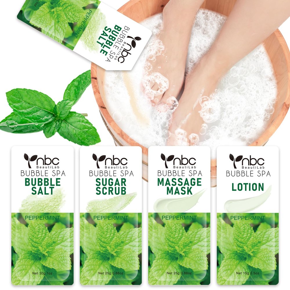 nbc BeautiLab Pedicure Kit Foot Soak Set: Bubble Salt, Sugar Scrub, Massage Mask, Massage Lotion in a Box, 4 Step Foot Spa Kit for Dry Feet, Calluses and Tired Feet(1 Set Peppermint)