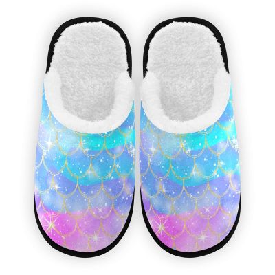 Umidedor Mermaid Rainbow Scales Slippers For Women Girls, Soft Memory Foam Non-Slip Indoor House Slippers Home Shoes for Bedroom Hotel Travel Spa