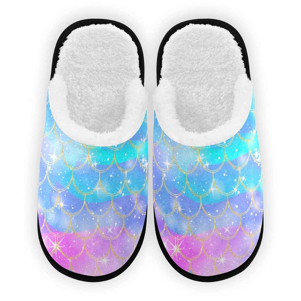 Umidedor Mermaid Rainbow Scales Slippers For Women Girls, Soft Memory Foam Non-Slip Indoor House Slippers Home Shoes for Bedroom Hotel Travel Spa