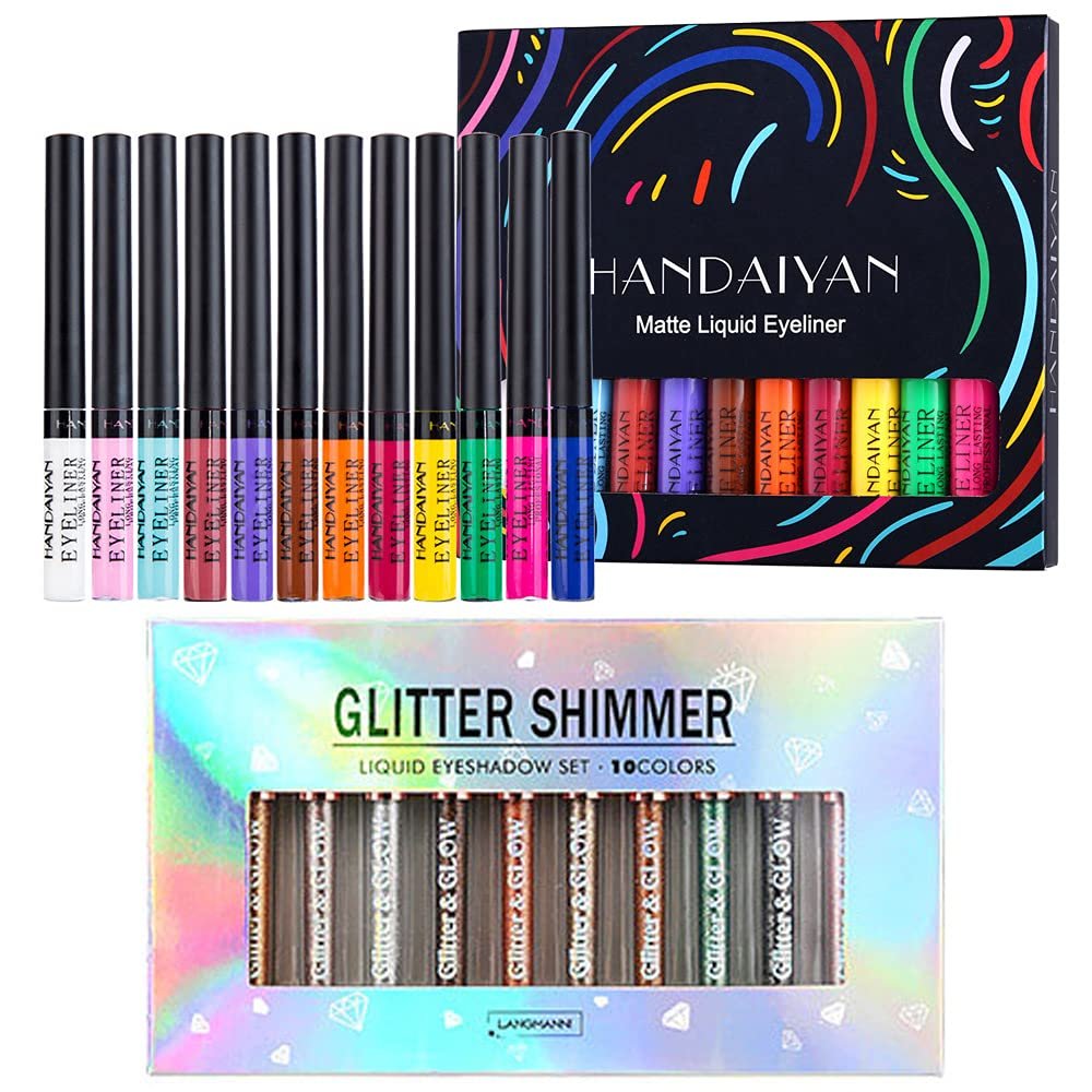 BestLand Liquid Glitter Eyeshadow & Liquid Matte Eyeliner Set Rainbow Colorful Neon Eyeliner Pencil Pigmented Waterproof Smudgeproof Long Lasting Gel Eye Liner Makeup Gift Kit for Women