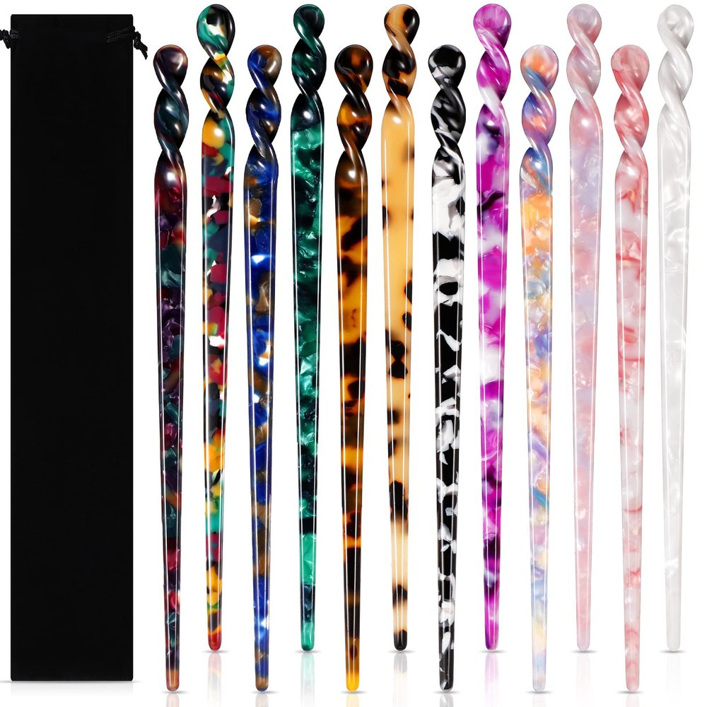 12 Pieces Acetate Hair Sticks Styling Hair Chopsticks Hair Accessories Tortoise Shell Hairpin Leopard Print Hair Pins Chinese Retro Hairpins Disk Hair Sticks for Women (Elegant Colors)
