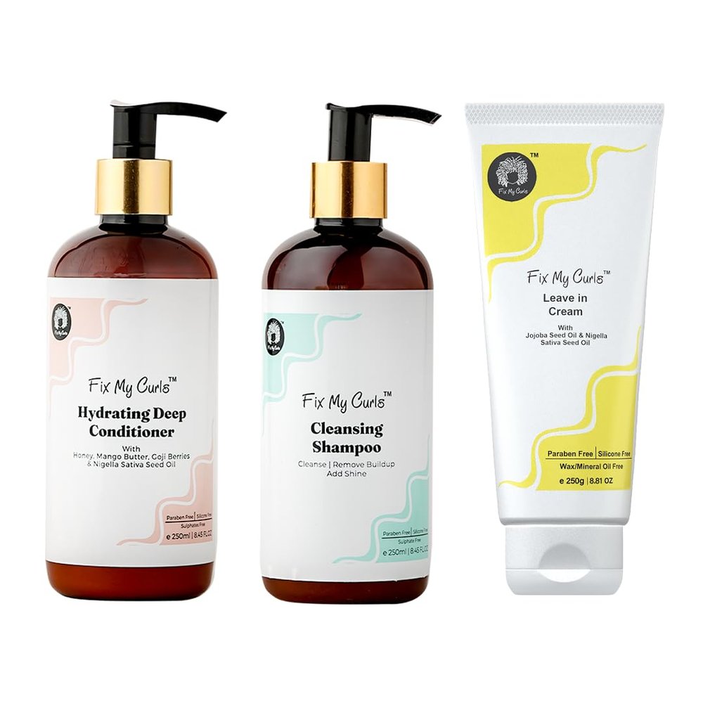 FIX MY CURLS Complete Curl Care Bundle with Cleansing Shampoo, Hydrating Deep Conditioner and Leave in Cream For Curly And Wavy Hair 8.51 Oz Each