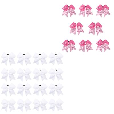 16PCS 8" White & 8PCS 7" Breast Cancer Awareness Cheerleader Large Bow Cheer Hair Bows Ponytail Holder Elastic Band for Cheerleading Teen Girls College Sports