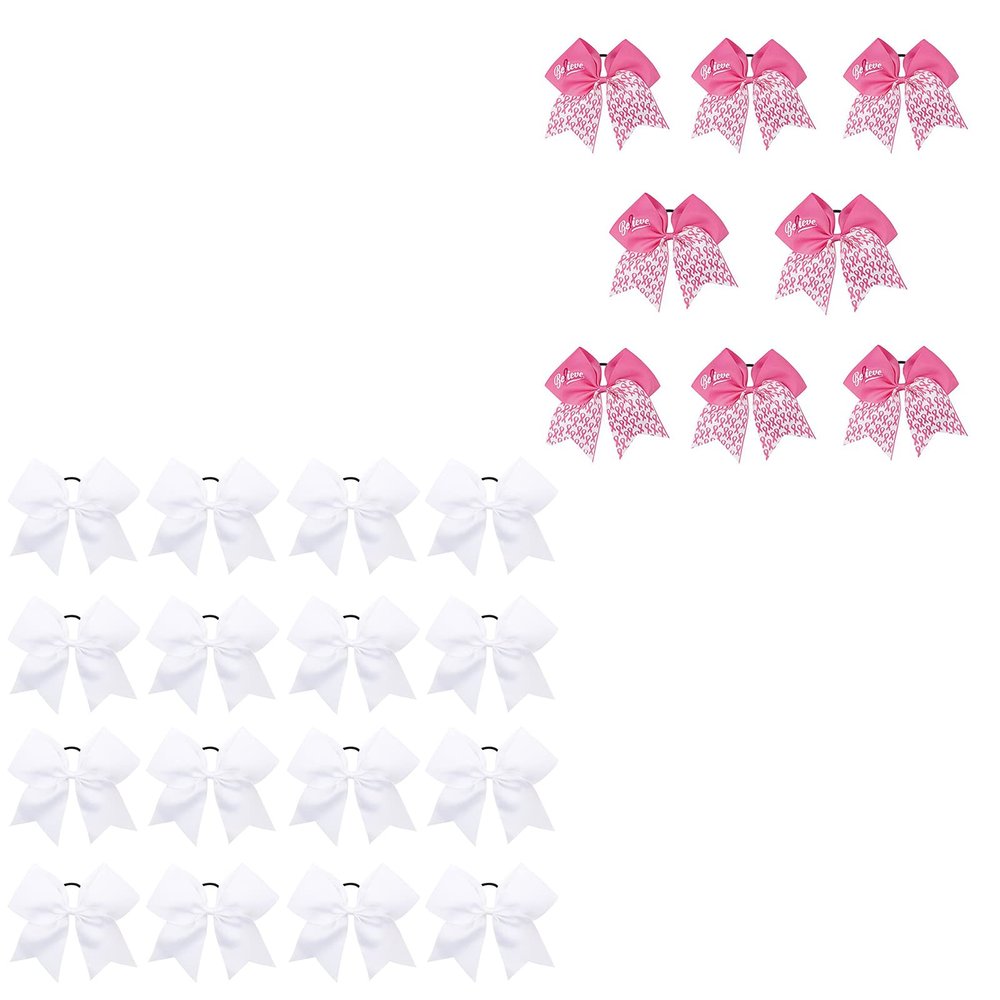 16PCS 8" White & 8PCS 7" Breast Cancer Awareness Cheerleader Large Bow Cheer Hair Bows Ponytail Holder Elastic Band for Cheerleading Teen Girls College Sports