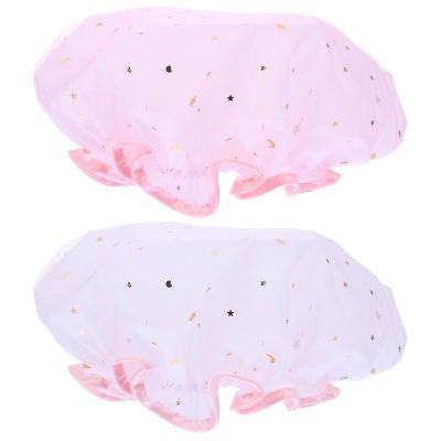 2pcs Elastic Cap for shower Elastic Cap women hats and caps little stars hair Miss plastic cap elastic band take a bath hair cap gauze scarf headband