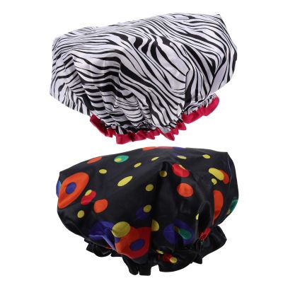 Beaupretty 2pcs Shower Cap for Women Double Layer Elastic Bathing Hats Satin and Peva Hair Covers for Spa Cooking and Home Cleaning Stylish Zebra and Dots Designs