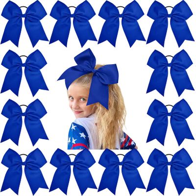 12PCS 8" Large Cheer Bow Blue Ponytail Holder Elastic Band Hair Ties Hair Bow Accessories for Cheerleading Teen Girls High School College Softball Competition Sports