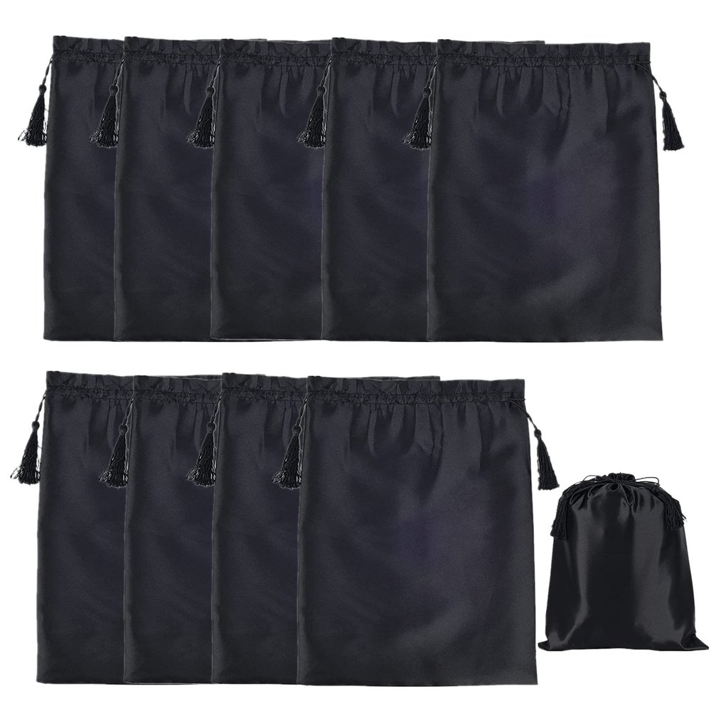 10 Pieces Wig Satin Bags with Drawstring Tassels Silk Satin Wig Bags Hair Storage Bags for Packaging Wigs Bundles Hair Extensions Travel Bag (Black)