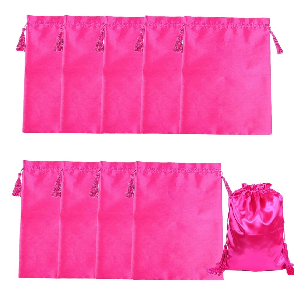 10 Pieces Wig Satin Bags with Drawstring Tassels, Silk Satin Wig Bags Hair Storage Bags for Packaging Wigs Bundles Hair Extensions Travel Bag (Rose Red)